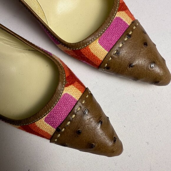 Prada | Size 37, US 7 | Pink, Red, and Purple Linen Heels with Brown Ostrich - Picture 2 of 7